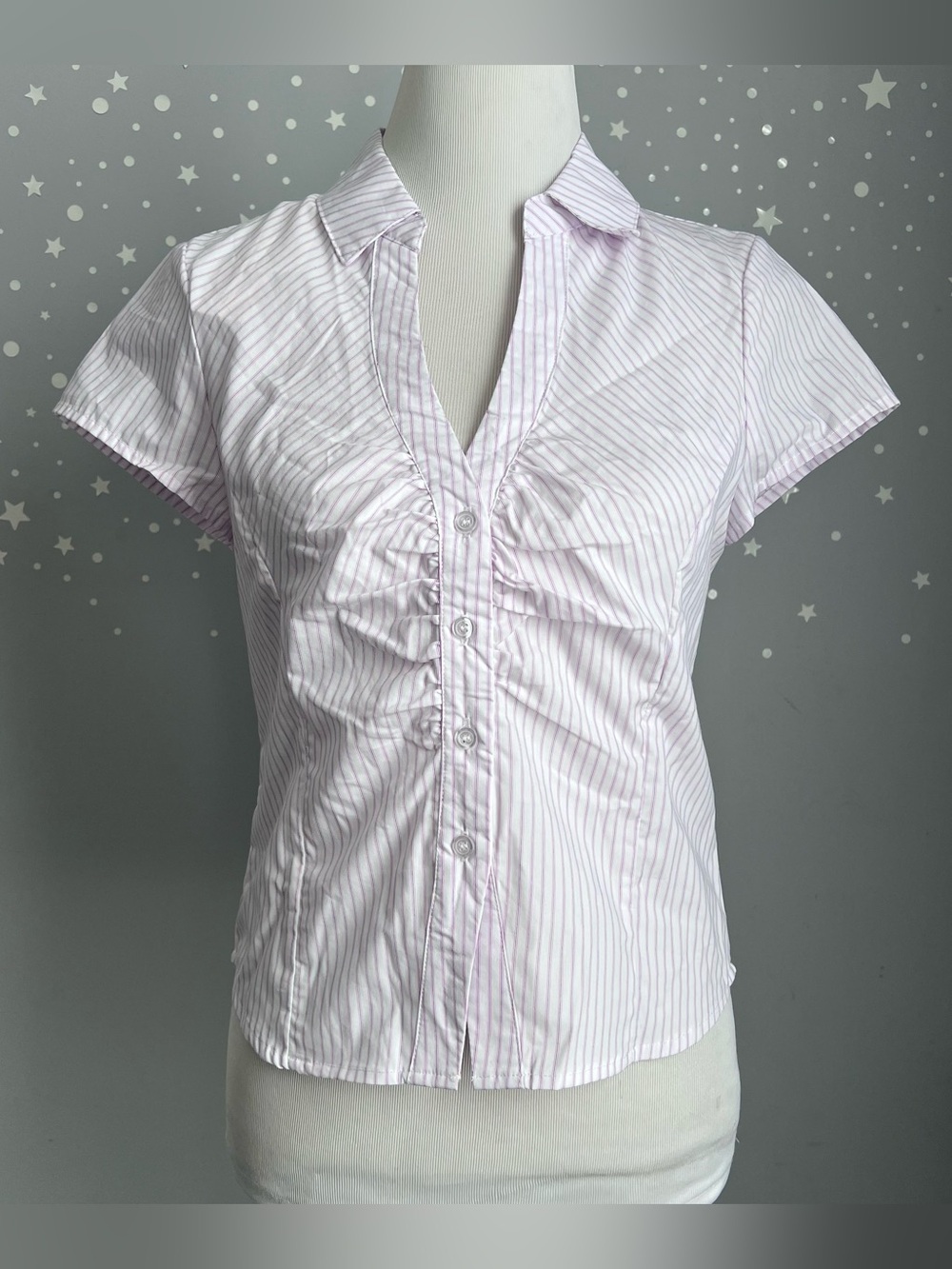 Altar’d State Striped Button Up Blouse Ivory Pink Cap Sleeve Ruched NWT Large